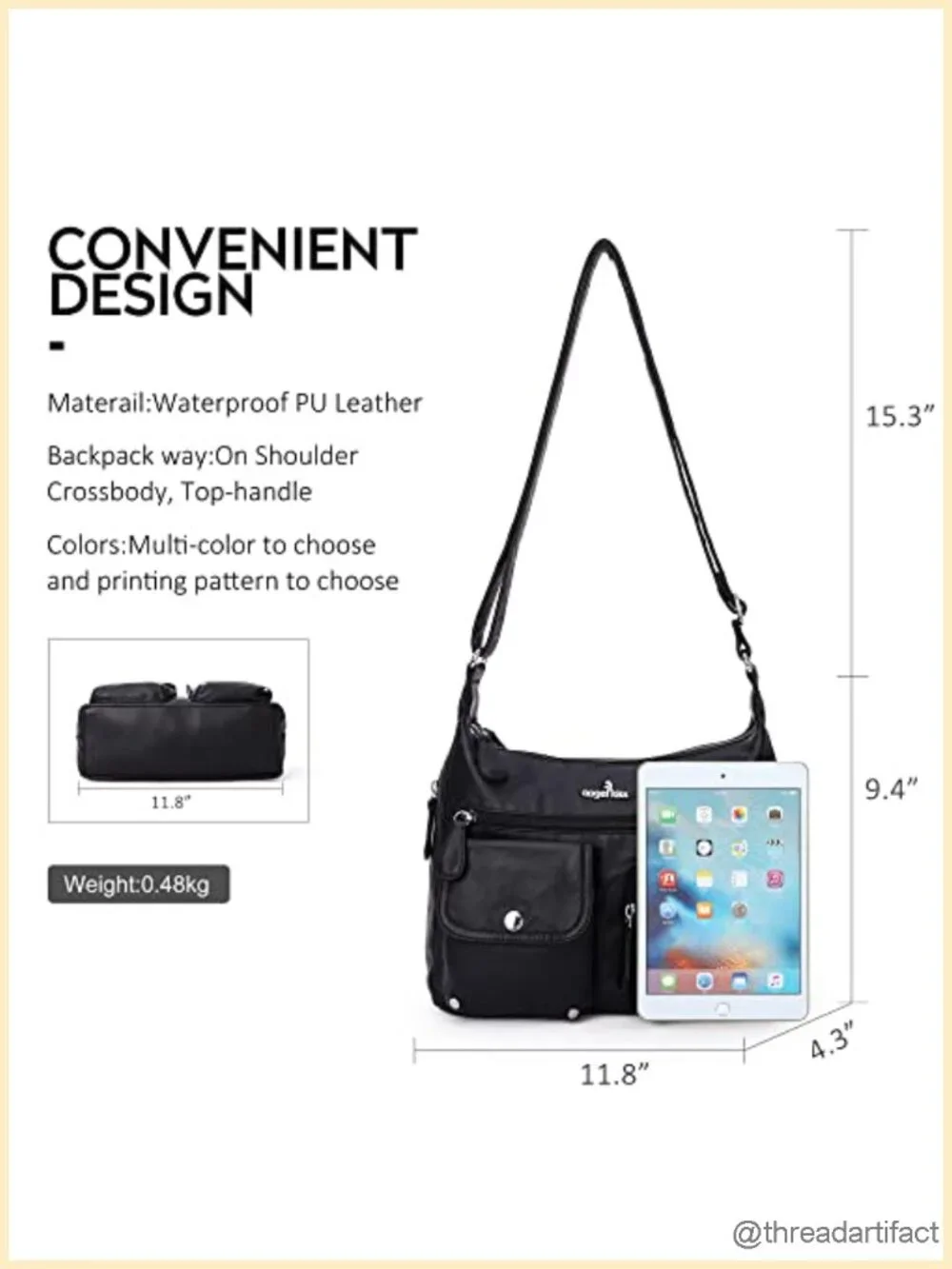 Washed Vegan PU Leather Crossbody Bag with Multiple Zipper Pockets